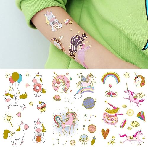 Miniatura 2 de 6 hojas de tatuajes dorados de unicornio para niñas, recuerdos de fiesta de cumpleaños dorados, calcomanías temporales doradas, estrellas mágicas de