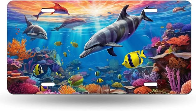 3D Dolphin Ocean Sea Coral Reef Summer Painting Plate,Decorative Metal Plate with 4 Holes,6x12inch