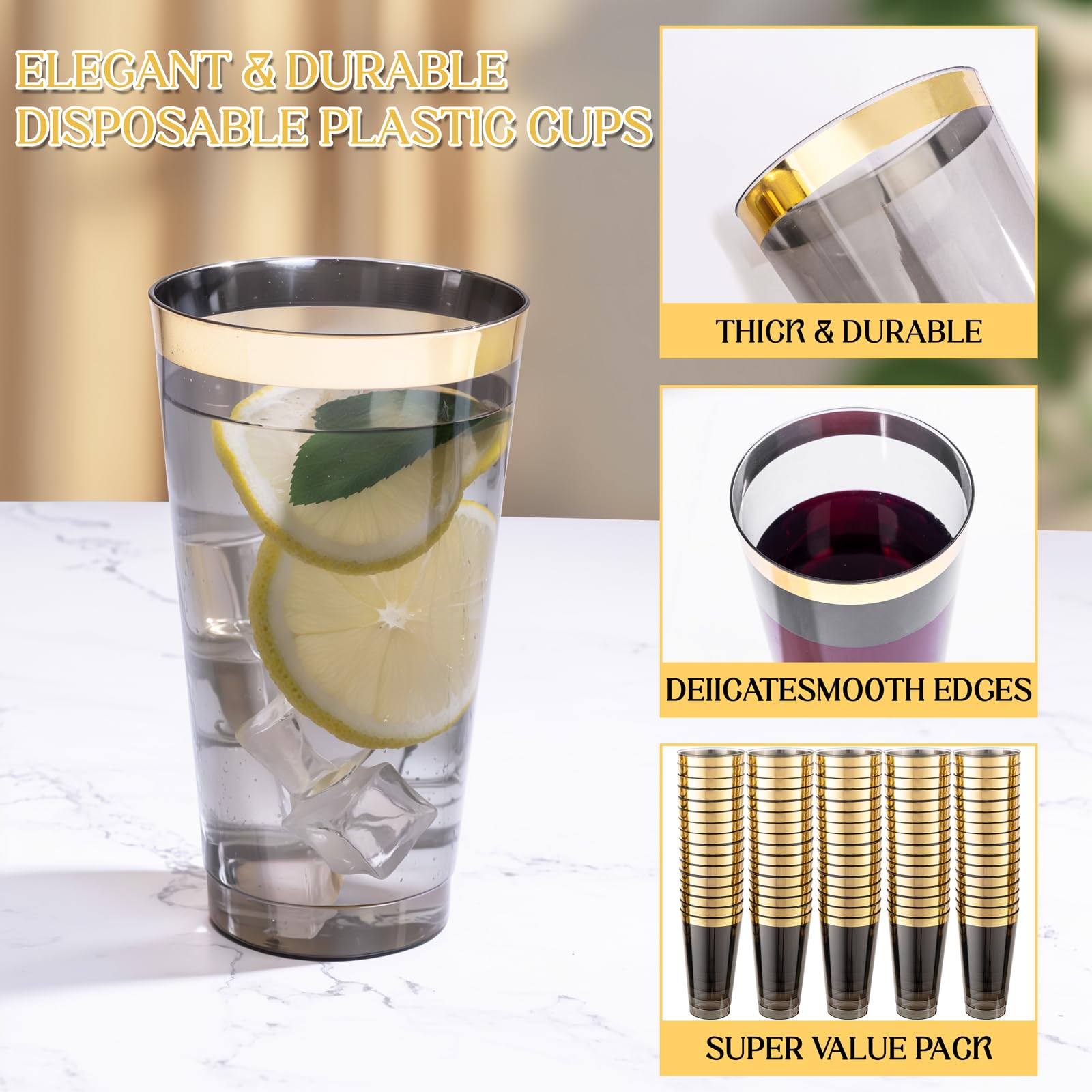 LIYH Black Gold Rim 100 Pcs Heavy Duty Plastic Wine Cups For Party — Amazon image 6