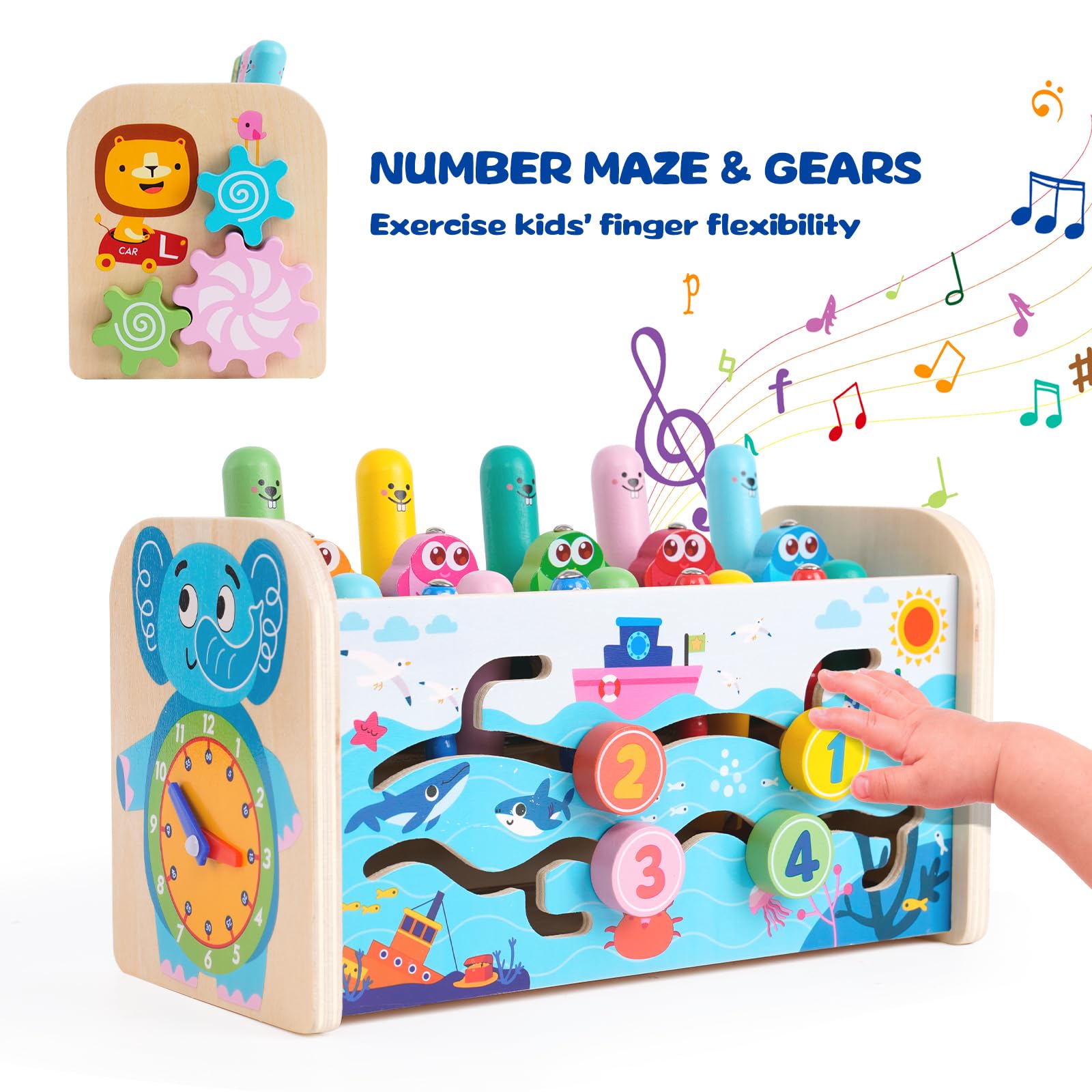 Giocattolo di Legno Martello con Pesca, Xilofono, Ingranaggi in Movimento, Orologio Giocattolo, Pioli Mallet Pound e Tap Toys e Xilofono Giocattoli Musicali in Legno per Bambini Bambino Bambino