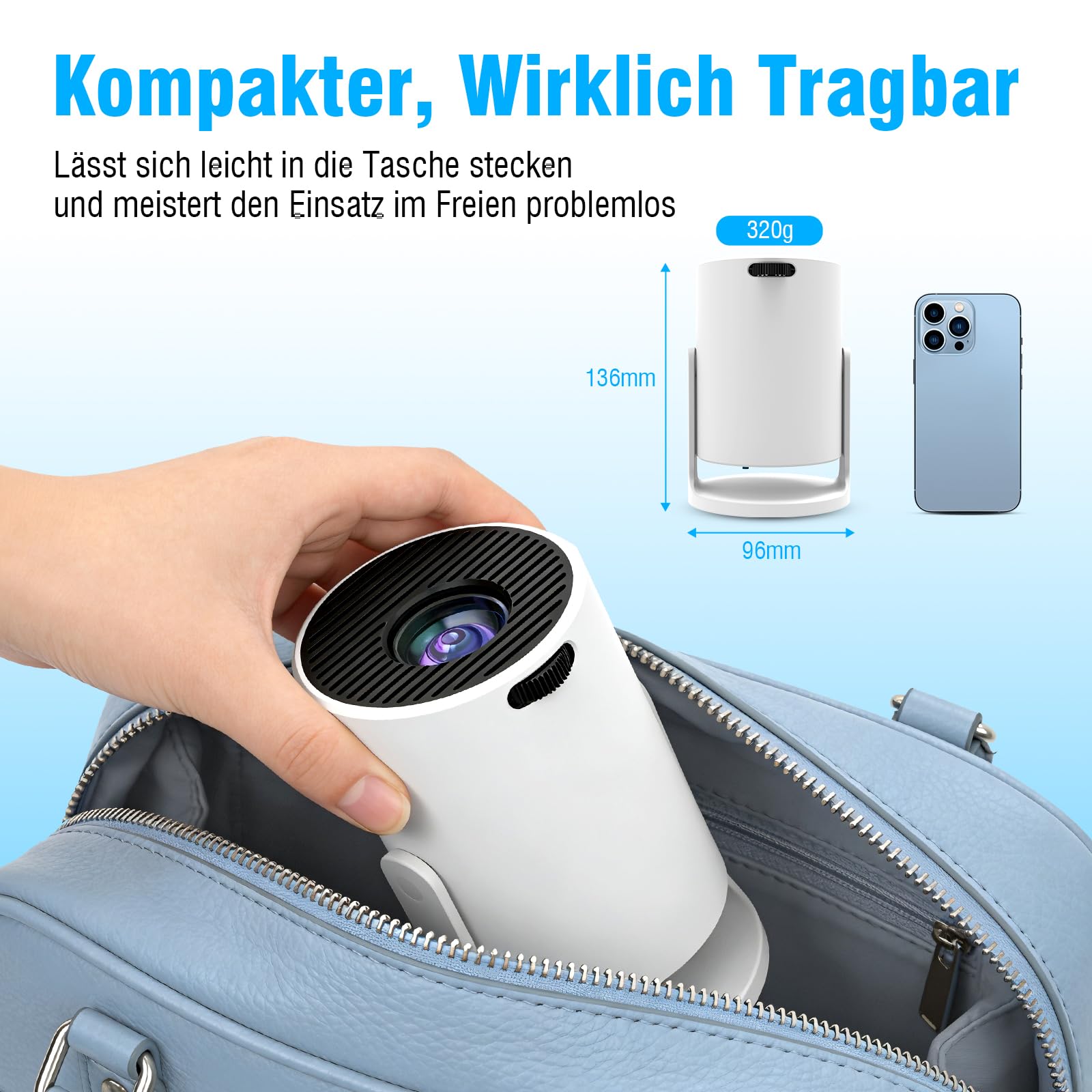 Tragbarer Mini Beamer 4K mit WiFi 6 und Bluetooth, Kleiner Projektor für unterwegs, 360° drehbarer Fuß, Powerbank-Anschluss und Handy-Kopplung, ideal für Heimkino und Portable Projector 4K Erlebnisse