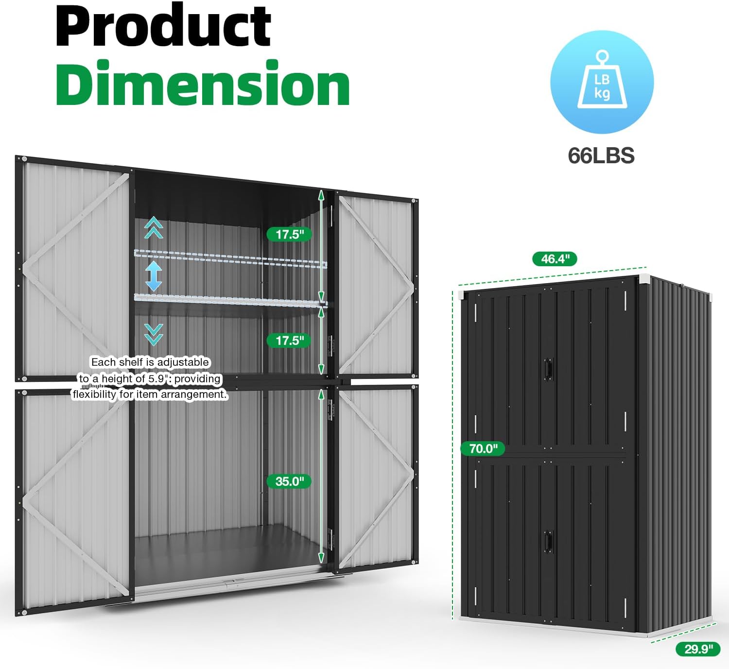 Diagram showing dimensions of AECOJOY Outdoor Storage Cabinet