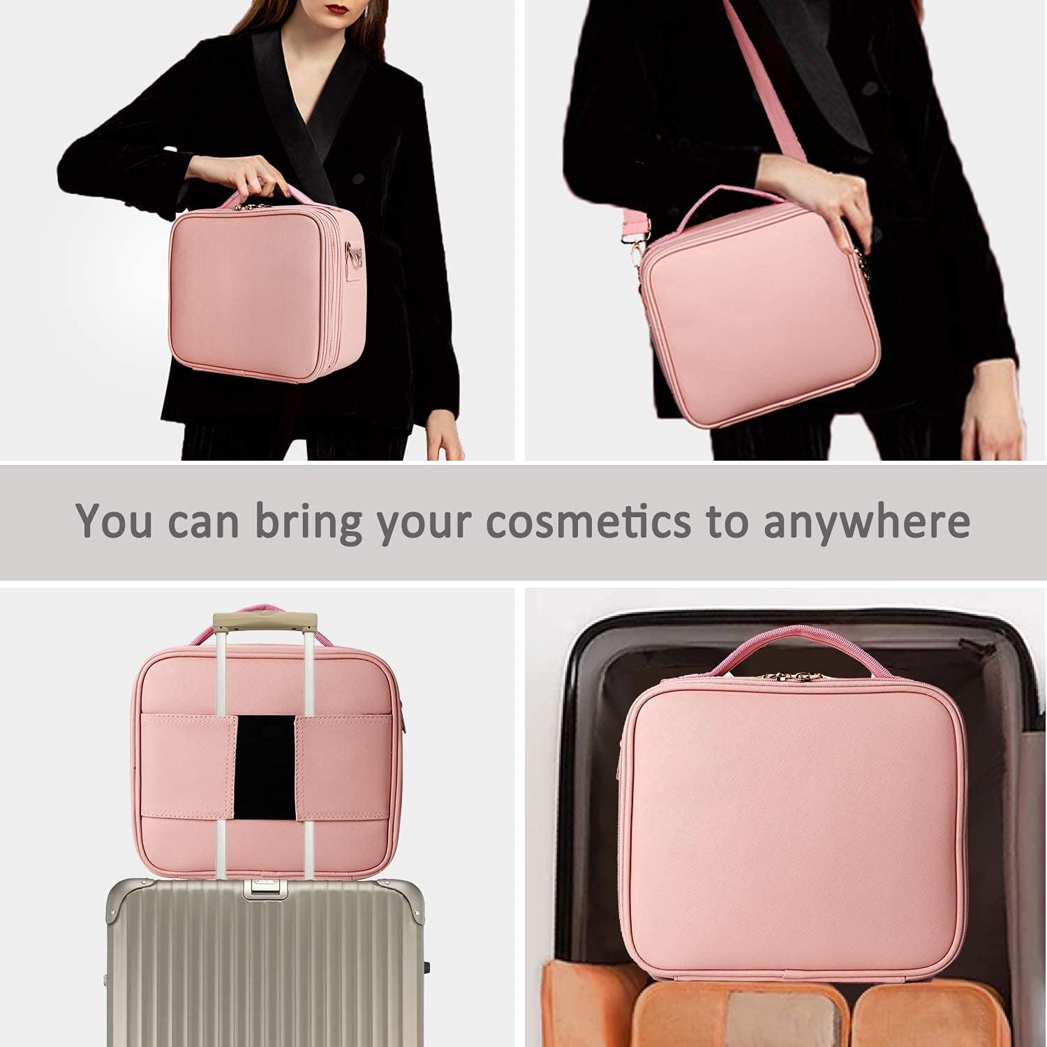 Travel Makeup Bag Train Case Cute Cosmetic Case Organizer Portable Artist Storage Bag with Adjustable Dividers for Cosmetics Makeup Brushes Toiletry Jewelry Digital Accessories