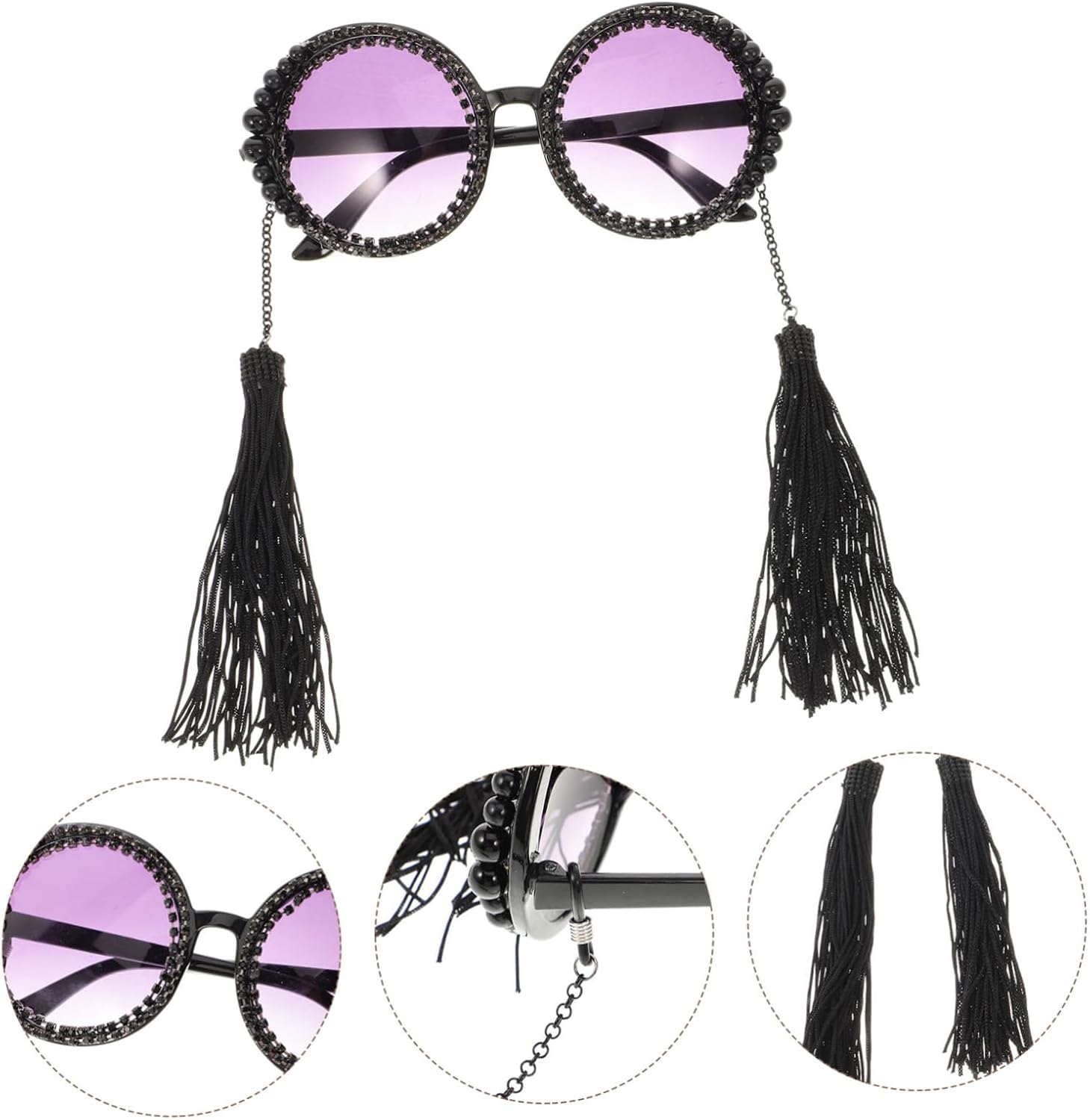 Beavorty Vintage Round Tassel Sunglasses for Party Cosplay Photo Shoot Lightweight Chic Eyewear with Pearl Rhinestone Decoration for Women Men