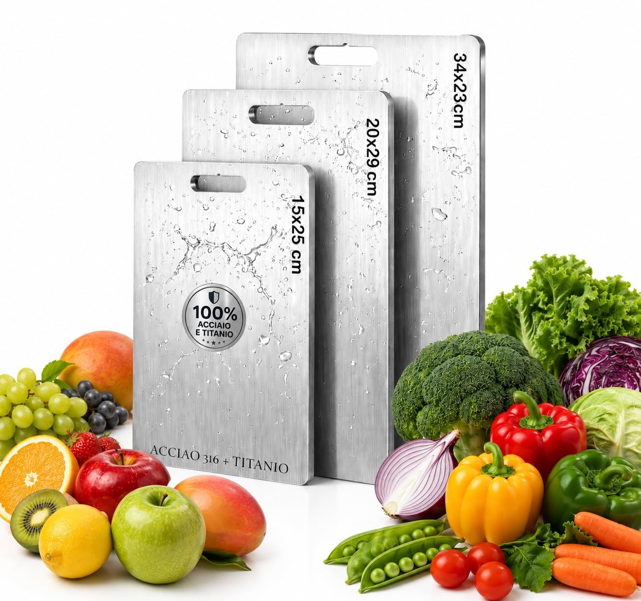 EQTECH Set 3 Taglieri in Acciaio Inox 316 e Titanio per Cucina – 34x23 cm, 29x20 cm e 24x15 cm – Spessore 1 mm – Superficie Non Porosa, Facili da Pulire – Ideali per Carne, Pesce, Frutta e Verdura.