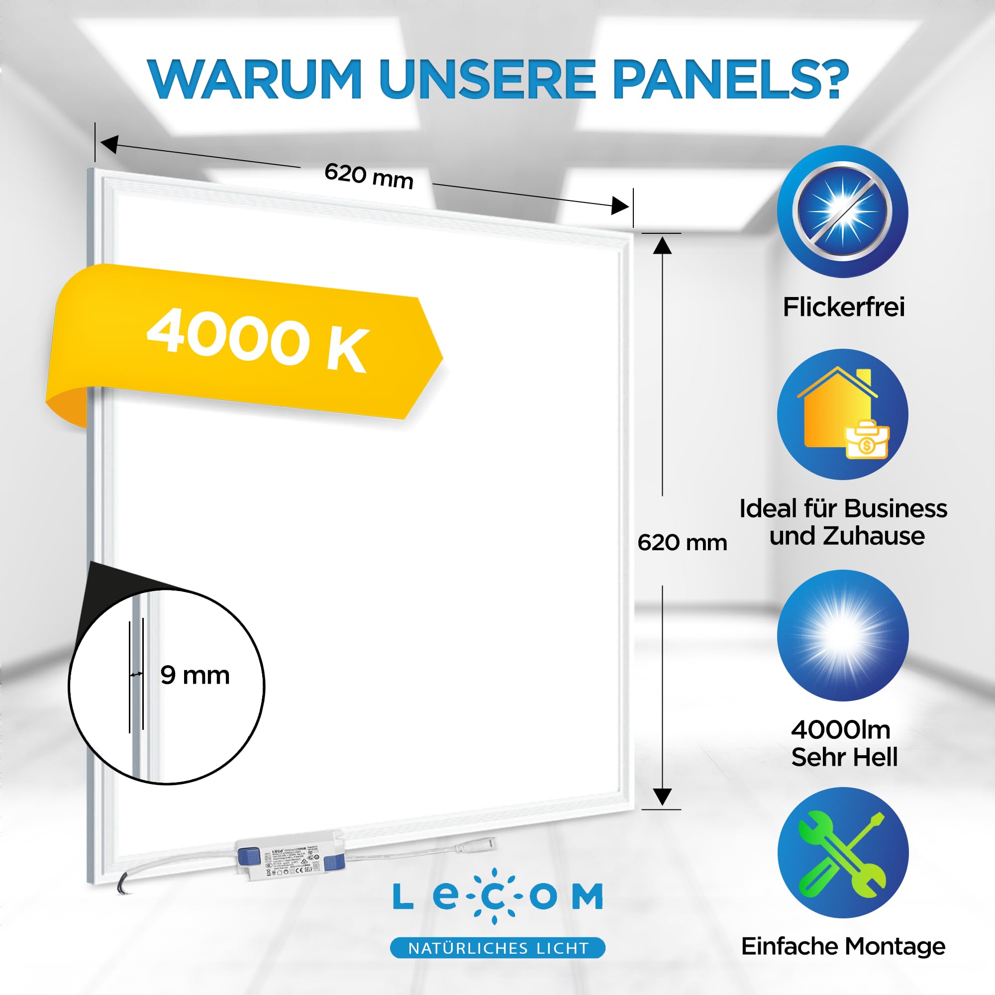 LECOM 2x LED Panel 62x62 Neutralweiß 4000K 4000lm Flach Aufbau mit Rahmen | LED Deckenleuchte mit gleichmäßiger Lichtverteilung. Mit Aufbaurahmen ideal für Küche, Wohnzimmer, Flur, Büro, Arbeitsraum.