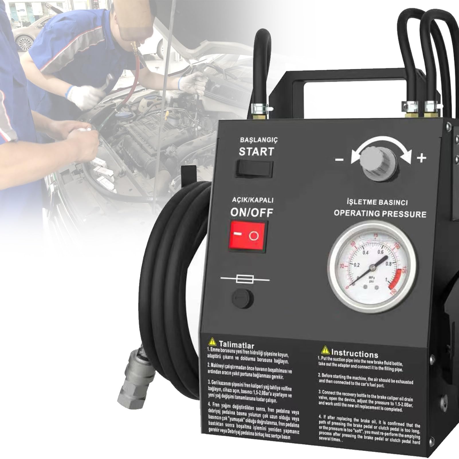 Kit de purga de frenos automática, máquina eléctrica para líquido de frenos operable por una sola persona, con depósito de 1 L para líquido usado; compatible con vehículos de gasolina (Black PackageA)