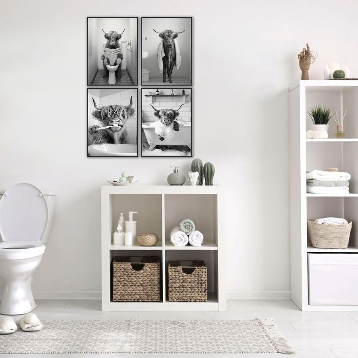 KBIERQN 4Pcs Funny Bathroom Wall Art Black and White Retro Highland Cow Poster Prints Rustic Farmhouse Humo Animal Canvas Pictures for Bathroom Restroom Wall Decor 12x16In Unframed