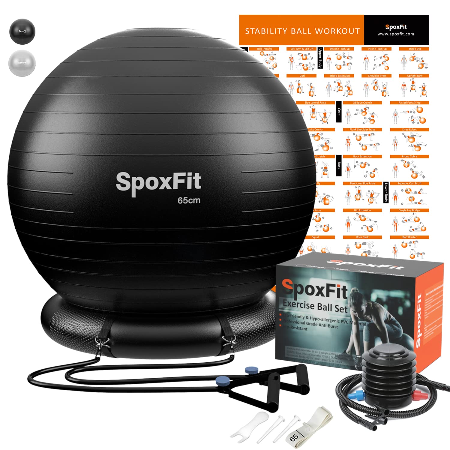 SpoxFit Exercise Ball, 65cm Anti-Burst Yoga Ball, Stability Fitness Ball for Birthing & Core Strength Training, Includes Quick Pump & Workout Poster - Silver Ball With Base