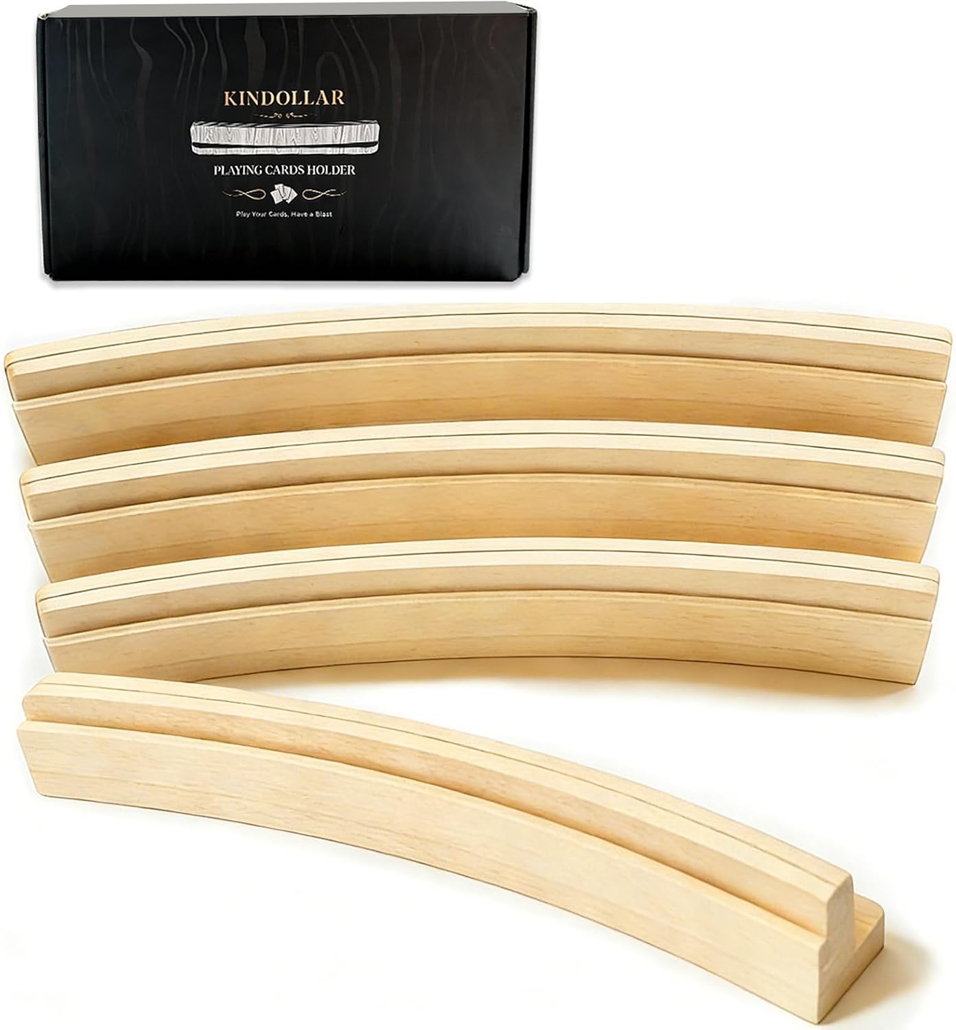 Kindollar Card Holders for Playing Cards, Wooden 4Pcs Playing Card Holder for Adults, Seniors and Kids, Curved Little Hands Game Card Holder, 13 x 1.8 x 1.8 Inch, Beige