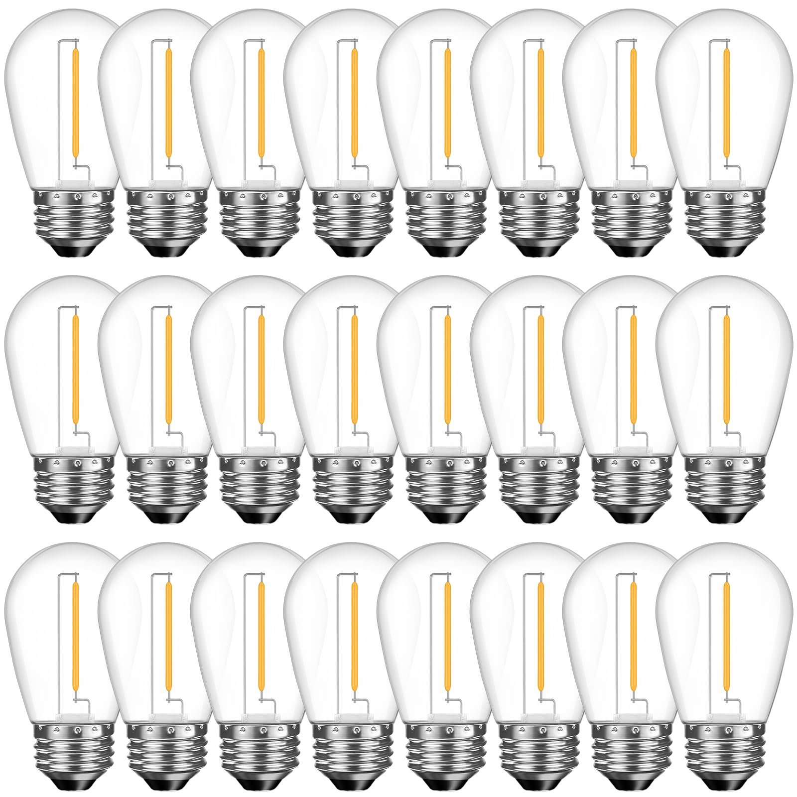GvvooHome Paquete de 24 bombillas LED irrompibles S14 de repuesto, para cadena de luces al aire libre, 1 W equivalente a bombilla incandescente de 11 W, blanco suave 2200 K, regulable, base de rosca