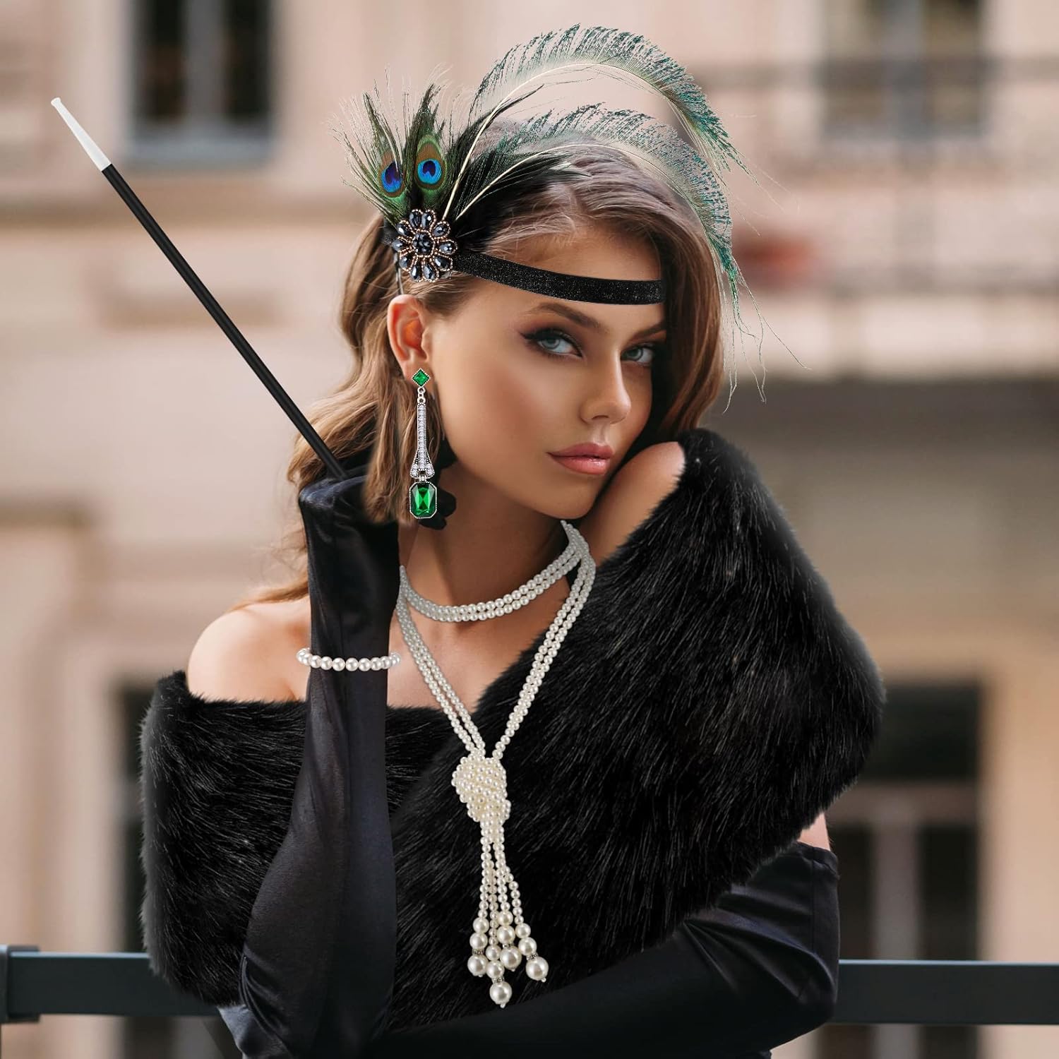 20s Flapper Accessories for Women 1920s Costume Accessories Set Halloween Fur Faux Scarf Headpiece Necklace Earrings Gloves(Modern) Multicolored - Image 3