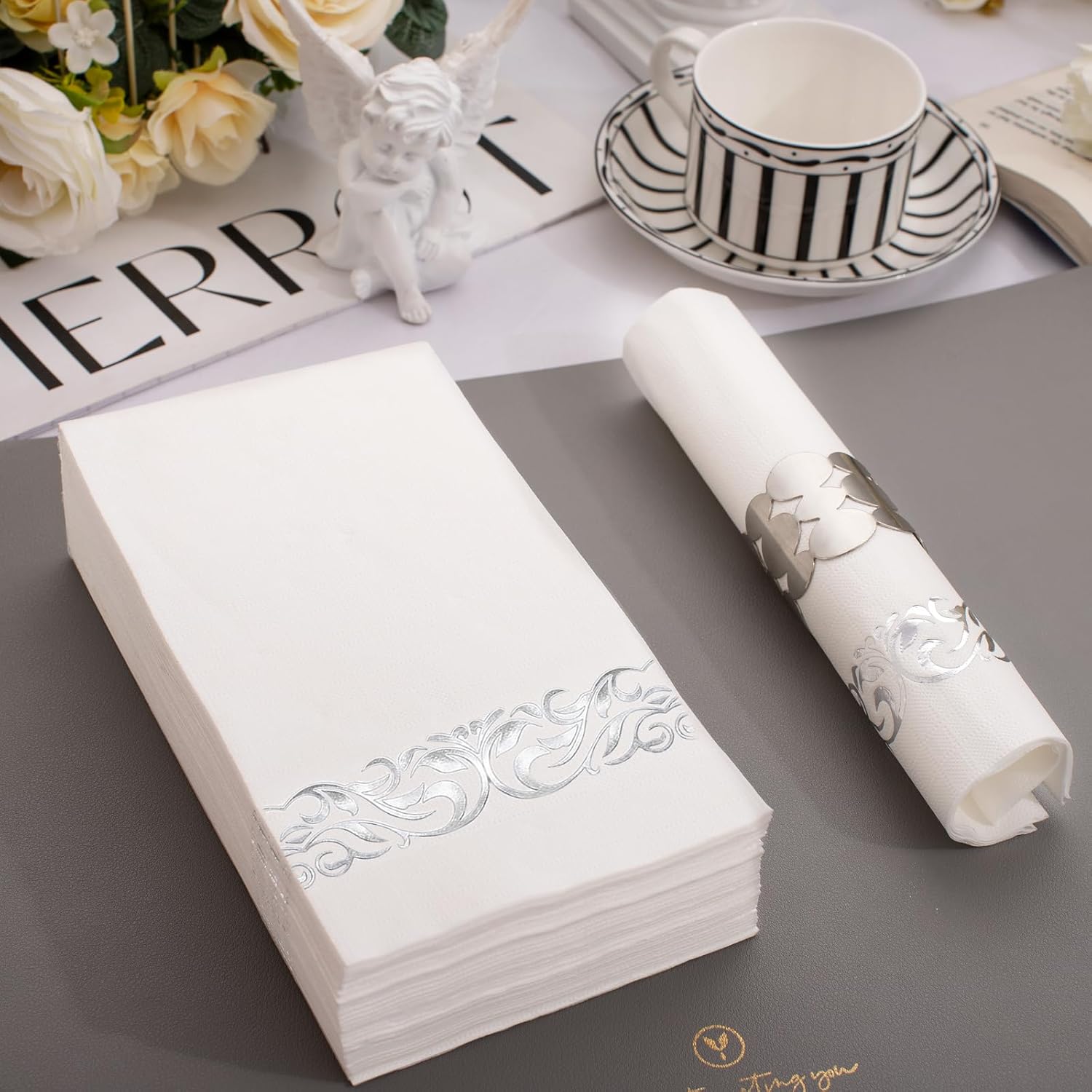 300 Pieces Silver Plastic Silverware Plastic Silverware Heavy Duty - 100 Forks 100 Knives 100 Spoons - Disposable Silver Plastic Cutlery 150Pack Silver Napkins Paper Disposable -150Pack Silver Napkin