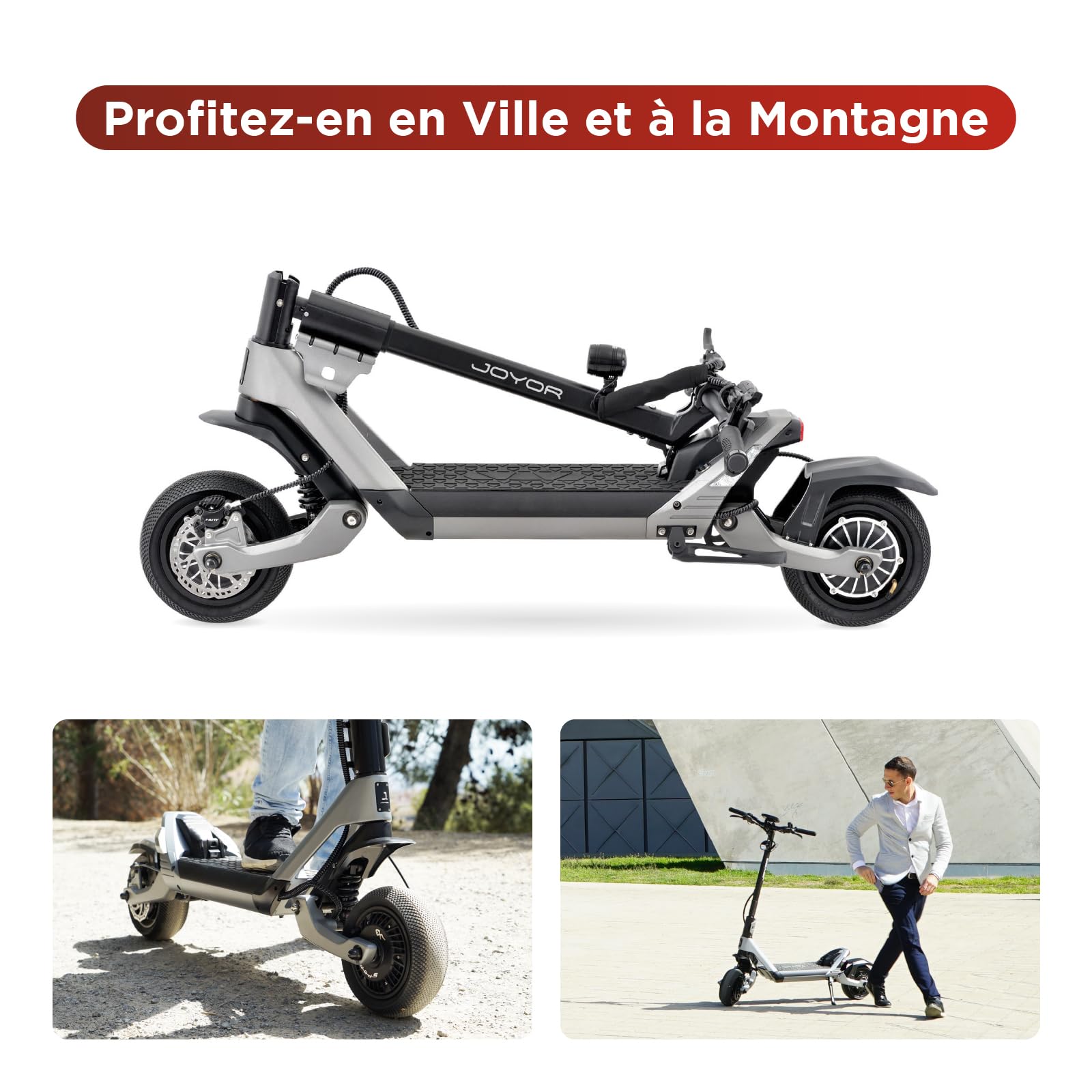 Joyor LuxeRider Trottinette électrique adulte, pliable, deux moteurs de 1200W, batterie de 52V 21AH, autonomie de 55-60km, roues pneumatiques de 25,4x8,9cm, charge maximale 150KG, double suspension