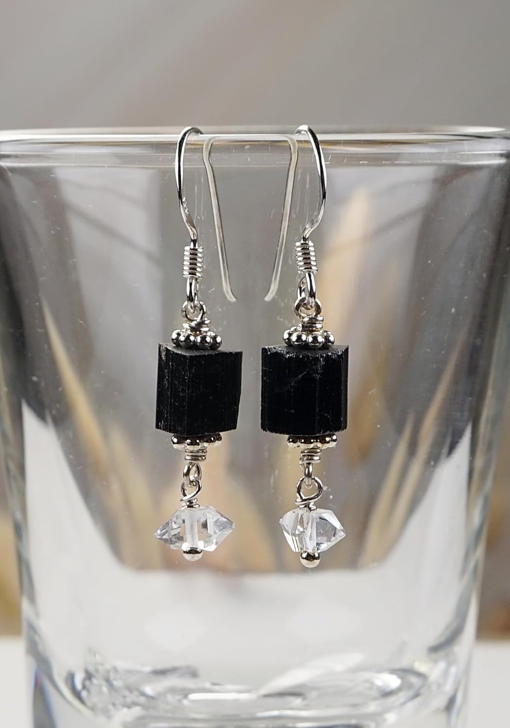 Raw Black Tourmaline and Herkimer Diamond Quartz Solid Sterling Silver Dangle Earrings - Healing and Protection Negative Energy - October Birthstone