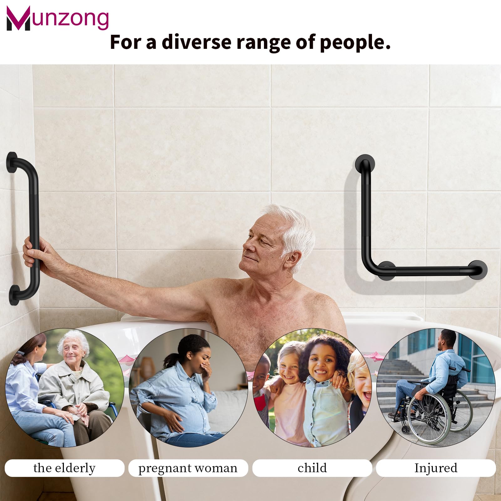 Munzong - Maniglia per doccia a forma di L, 40,6 cm, colore: nero | Anti maniglia zigrinata di sicurezza dell'acciaio inossidabile di Bathroon di slittamento, sostegno anziano di lesione