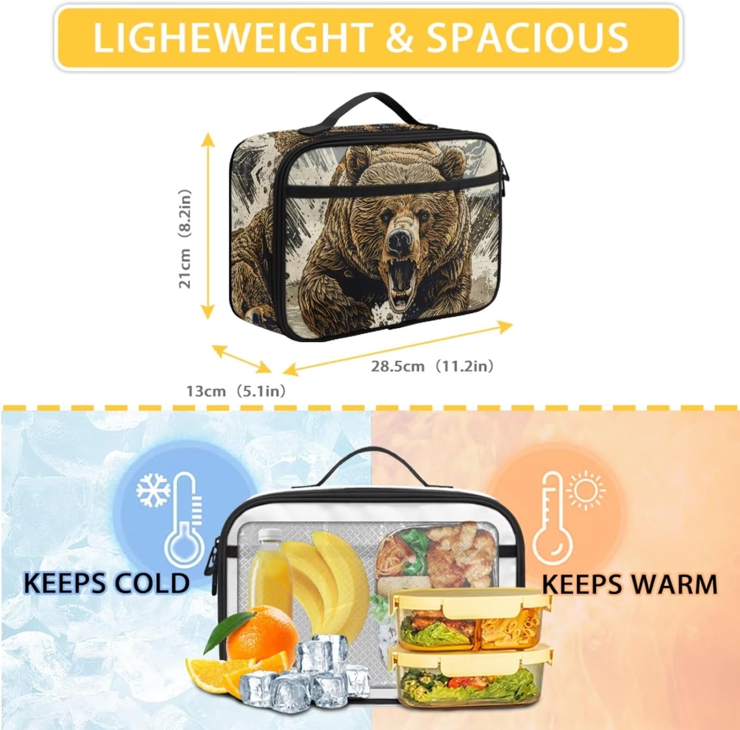 Boys Roaring Bear Backpack for Girls Boys Stylish 17 Inch School Backpack with Lunch Box Kids Sturdy Lightweight Soft Padded Back Animal Print Bookbag Set Black