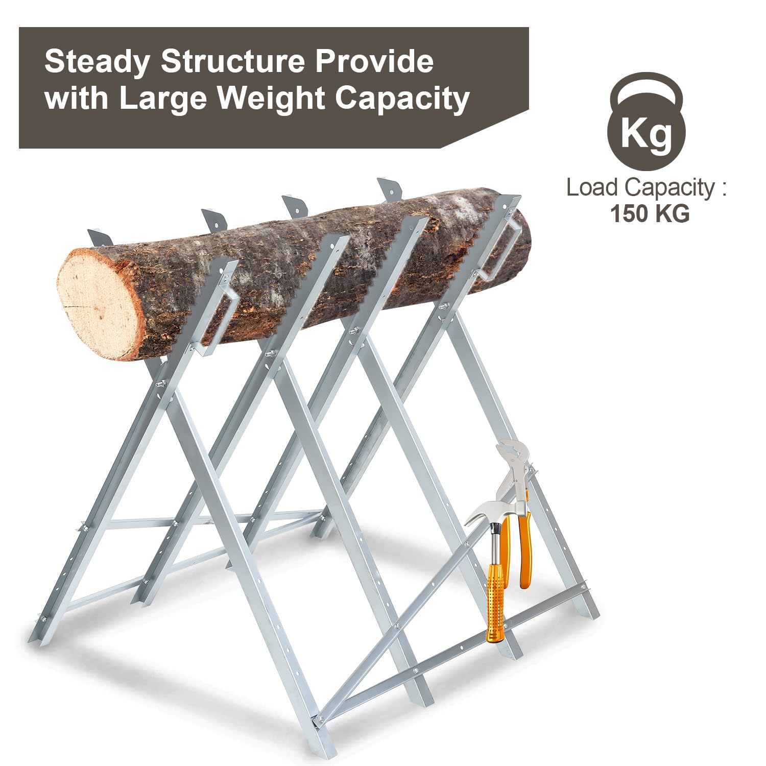 Daromigo Mantigositeen - Caballete plegable de madera galvanizado, con 4 soportes y dientes, para leña y motosierras, capacidad de carga de hasta 150 kg