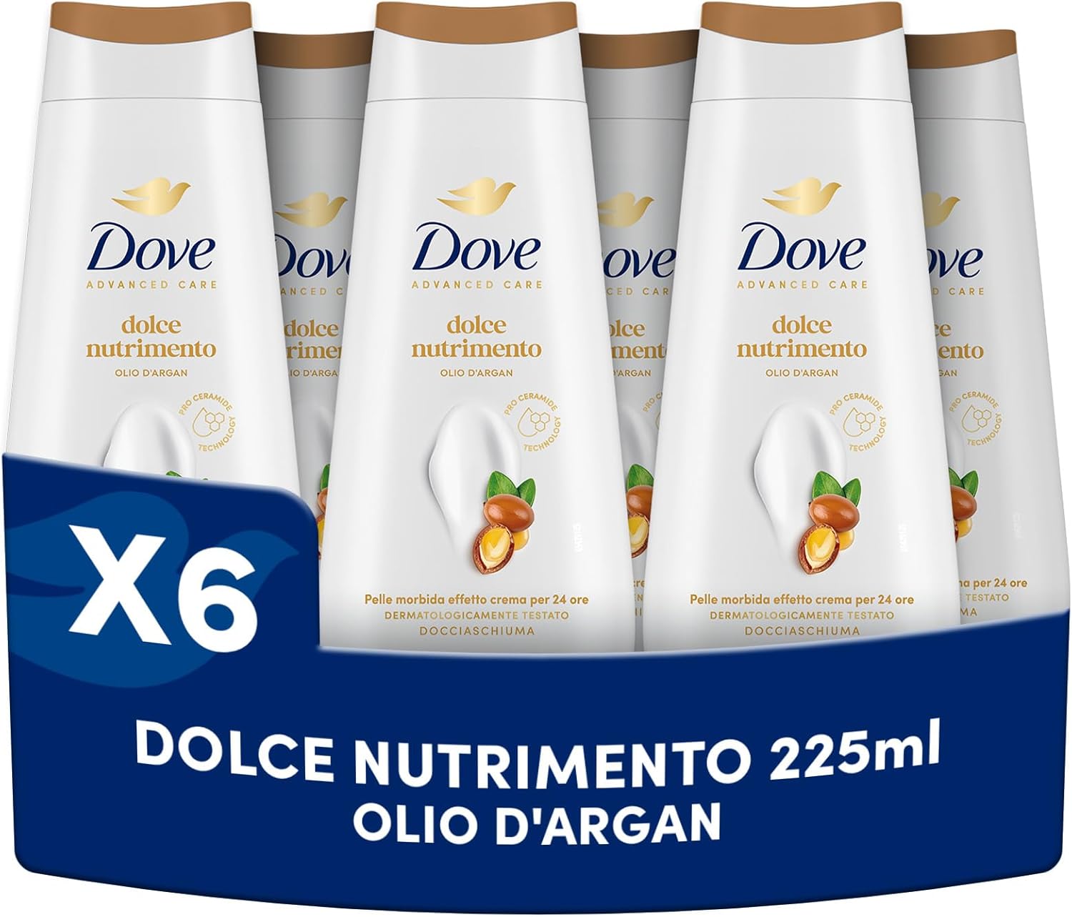 Dove Bagnoschiuma Dolce Nutrimento, Bagnodoccia Idratante, Formula Delicata sul Microbioma della Pelle, con Agenti Idratanti Vegetali, Senza Solfati SLES, Bagnodoccia Uomo e Donna, 6 Pezzi da 225 ml
