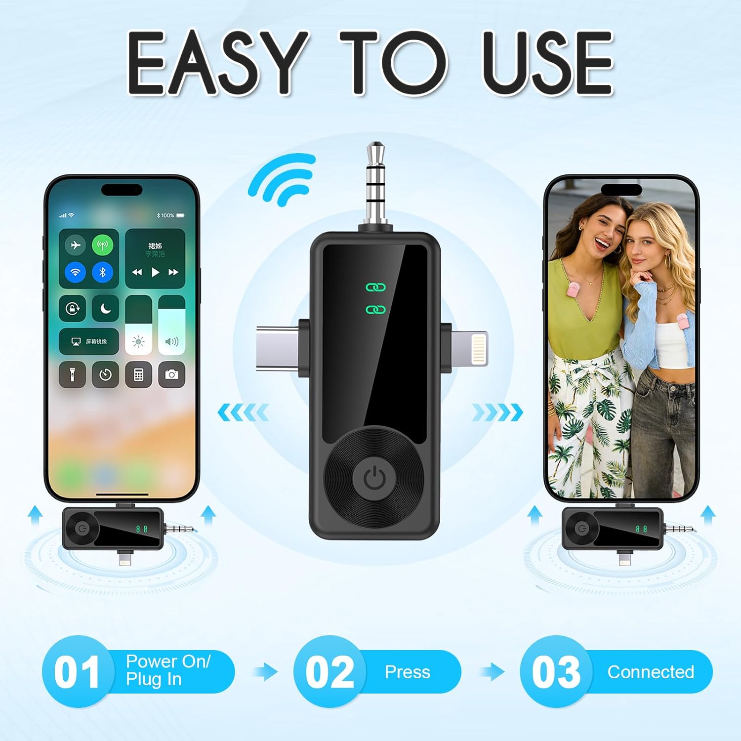 3-in-1 Wireless Microphone for iPhone/Android/Camera with Noise Cancellation, 2-Pack 20-Hour Battery Life Mini Lavalier Mics for Podcast, Video, Recording, Vlogging, and Streaming