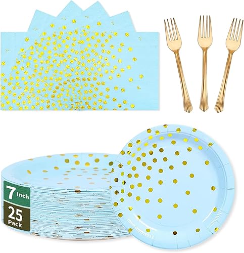 Juego de platos y servilletas de papel azul dorado, platos de postre de 25 x 7 pulgadas, servilletas de 25 x 6.5 pulgadas y tenedores de 25 x 7.3