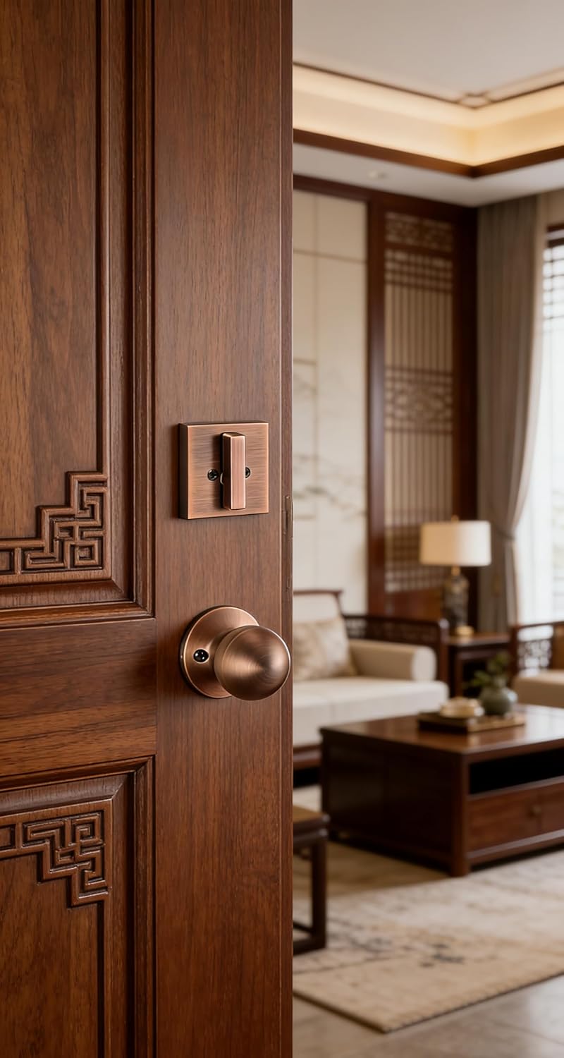 SUYA Front Door Handle and Deadbolt Set,Keyed Entry Door Lock Set, Solid Zinc Alloy Heavy Duty Interior Door Knob,Easy Installation,Reversible for Right & Left Handed Doors,Antique Copper
