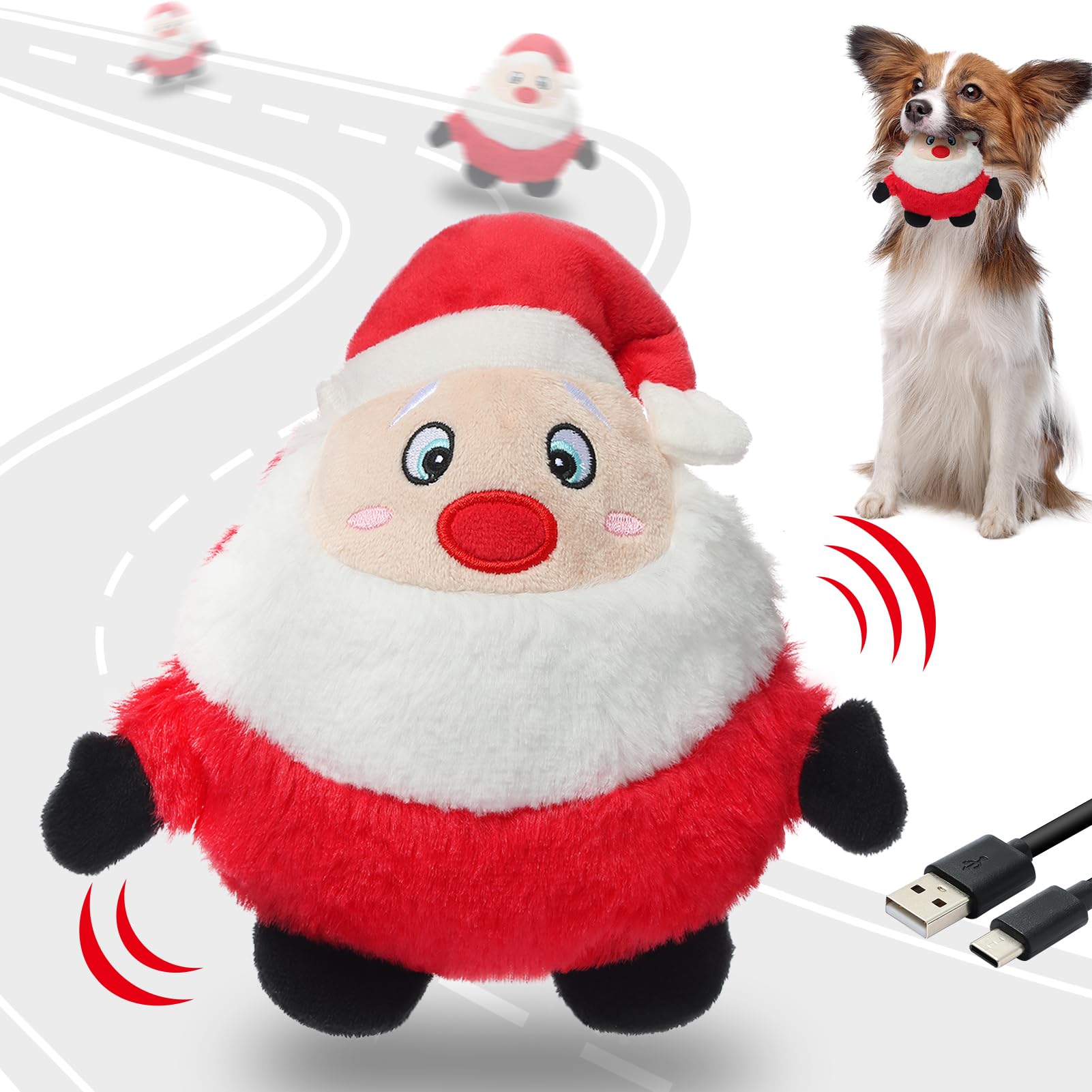Senneny Interactive Dog Christmas Toys Motion Activated, Rolling Dog Ball with Plush Cover USB Rechargeable, 360° Smart Automatic Moving Pet Toy for Large Medium Small Dogs (Santa)