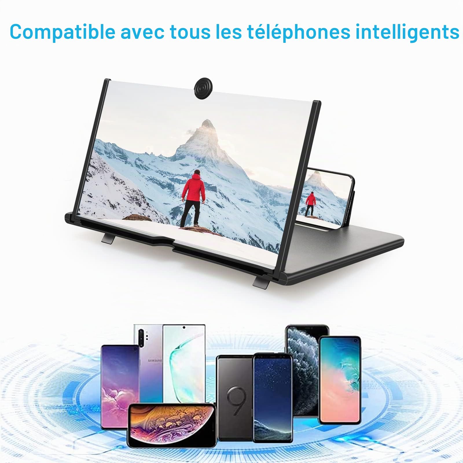 18 '' Loupe Portable Telephone,3D Amplificateur D'écran Support de Téléphone Agrandisseur Ecran pour Téléphone Intelligent Loupe Adapté pour Regarder des Vidéos sur Tous Les Smartphones(Noir)