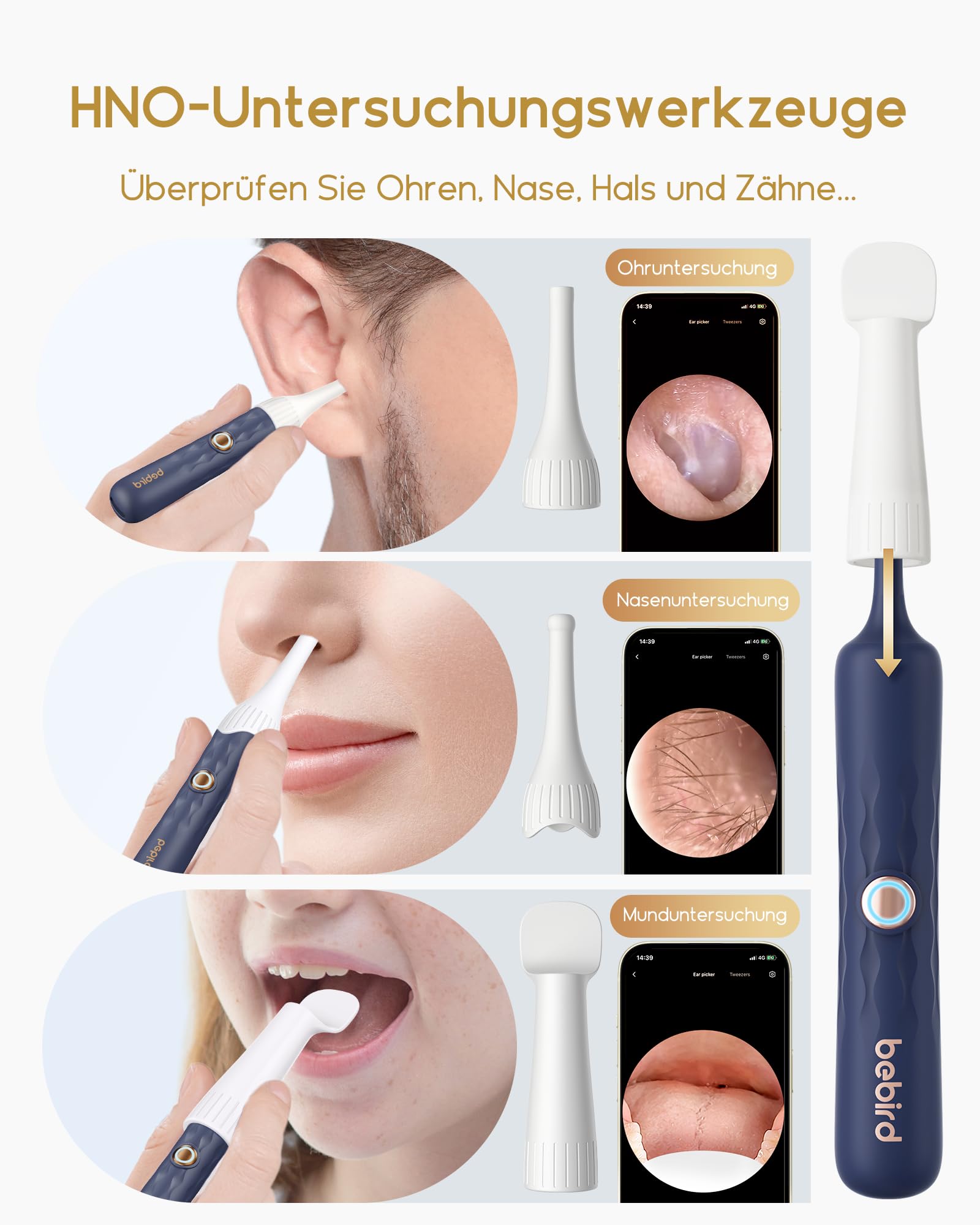 Bebird Otoscopio, 1920P HD Flexible Limpiador de Oídos, Profesional Limpia Oidos con Puntas de Repuesto Variadas, Limpieza de Oídos con Verificador/Espátula/Pinzas/Cucharilla para Adultos y Niños
