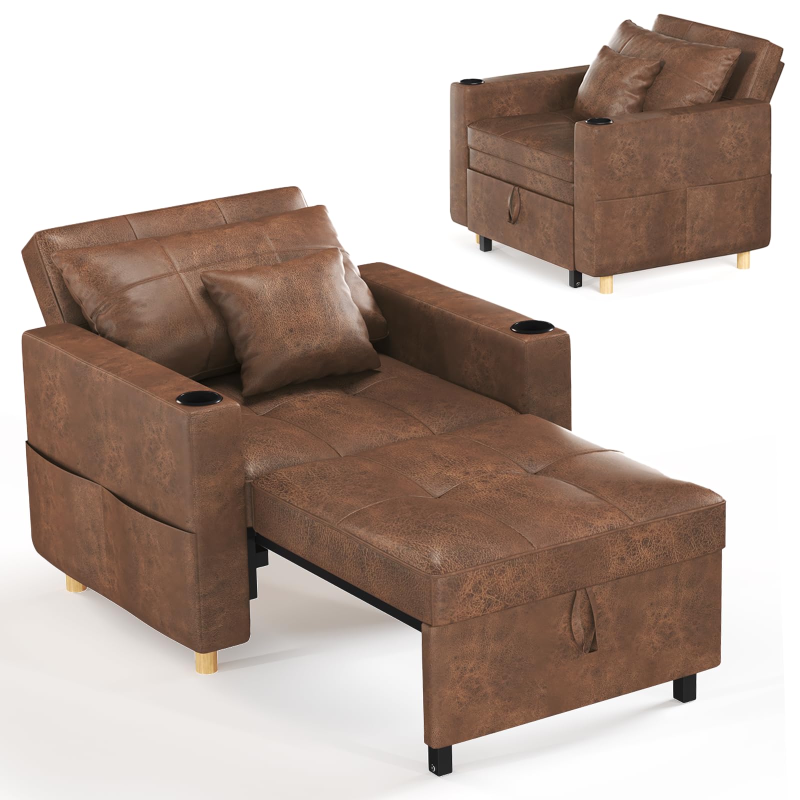 YODOLLA Sleeper Chair, 38" Extra Wide Convertible Chair Bed, Upgraded 3-in-1 Pull Out Single Sofa with Adjustable Backrest, Cup Holder, Pocket for