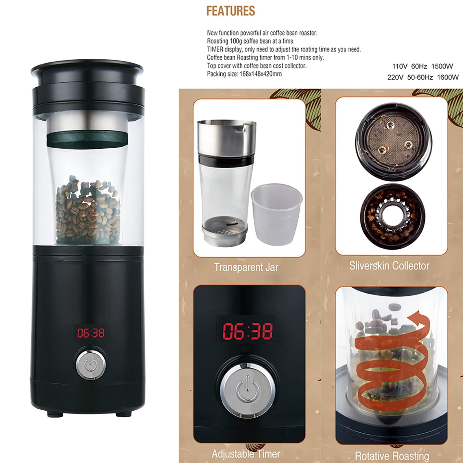 Machine de torréfaction de café électrique Machine de torréfaction de Grains de café Automatique Intelligente Affichage numérique Fonction de Compte à rebours Réglage de la température Sèche-Fruits
