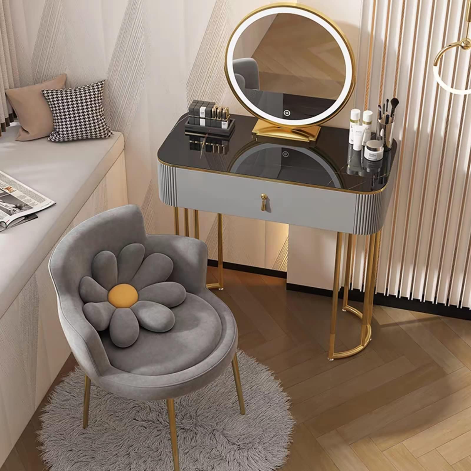 Compact Lighted Makeup Vanity Table with Adjustable LED Mirror - Mini Dressing Table for Small Bedrooms & Storage Solutions
