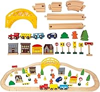 WoodenEdu 60-Piece Double-Sided Wooden Train Set Tracks for Toddlers 3-5 Years - Compatible Brio Thomas Melissa Doug (Yellow)