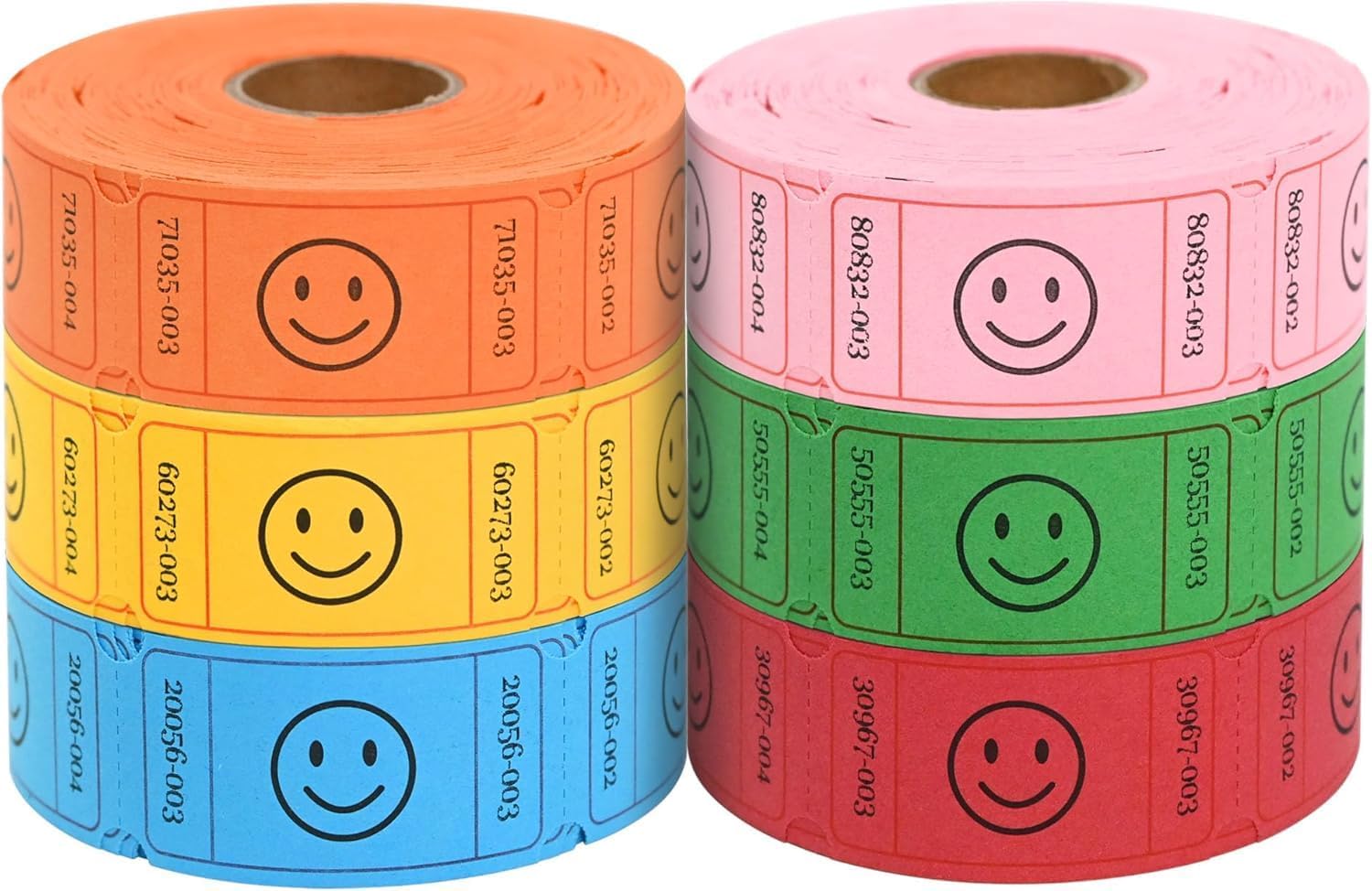 L LIKED 3000 Raffle Ticket Rolls, 6 Assorted Colors, 1x2 Inch Smile Ticket for Events, Entry, Class Reward, Parties, Giveaways&Prizes (Red, Orange, Green、Pink、Yellow、Blue)