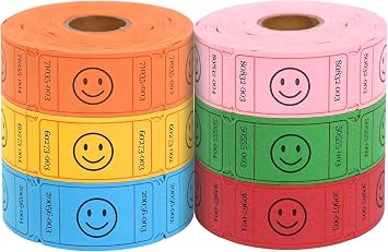 L LIKED 3000 Raffle Ticket Rolls, 6 Assorted Colors, 1x2 Inch Smile Ticket for Events, Entry, Class Reward, Parties, Giveaways&Prizes Red, Orange, GreenPinkYellowBlue