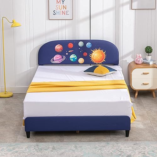 Miniatura 8 de cuoote Base de cama individual para niños con tapizado para niños niñas adolescentes no necesita somier diseño de planeta espacial