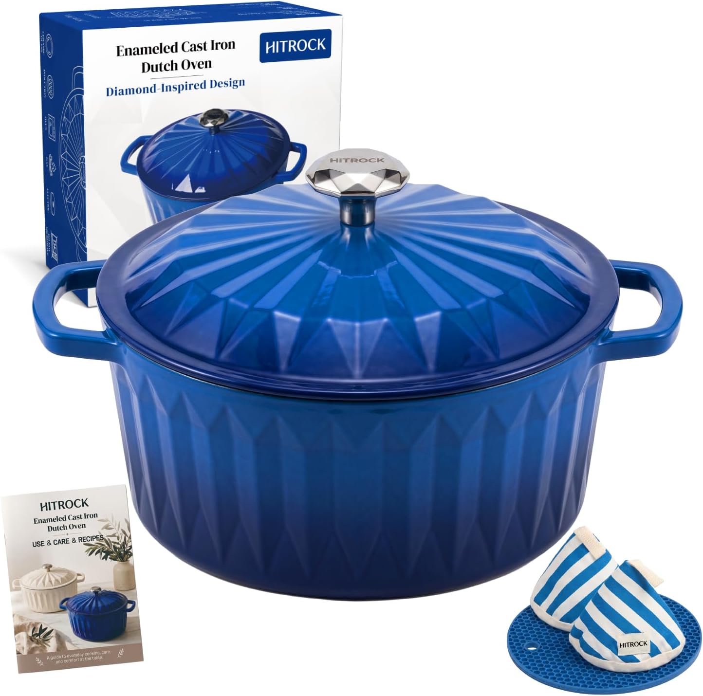 HITROCK Enameled Cast Iron Dutch Oven Pot with Lid,4.9 Quarts Enamel Cast iron Pot with Cotton Potholders for Bread Baking, Braising, Stews, Roasting, Diamond-Inspired Design, Oven Safe up to 500° F, Blue