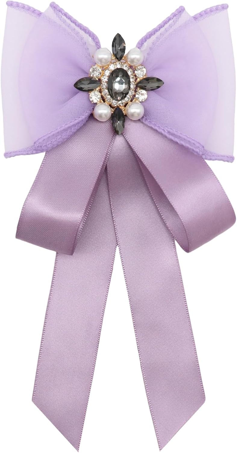 Rhinestone Bow Ties for Women, Adjustable Pre-Tied Ribbon Bow Ties Pearl Womens Bowties for Wedding Banquet Party