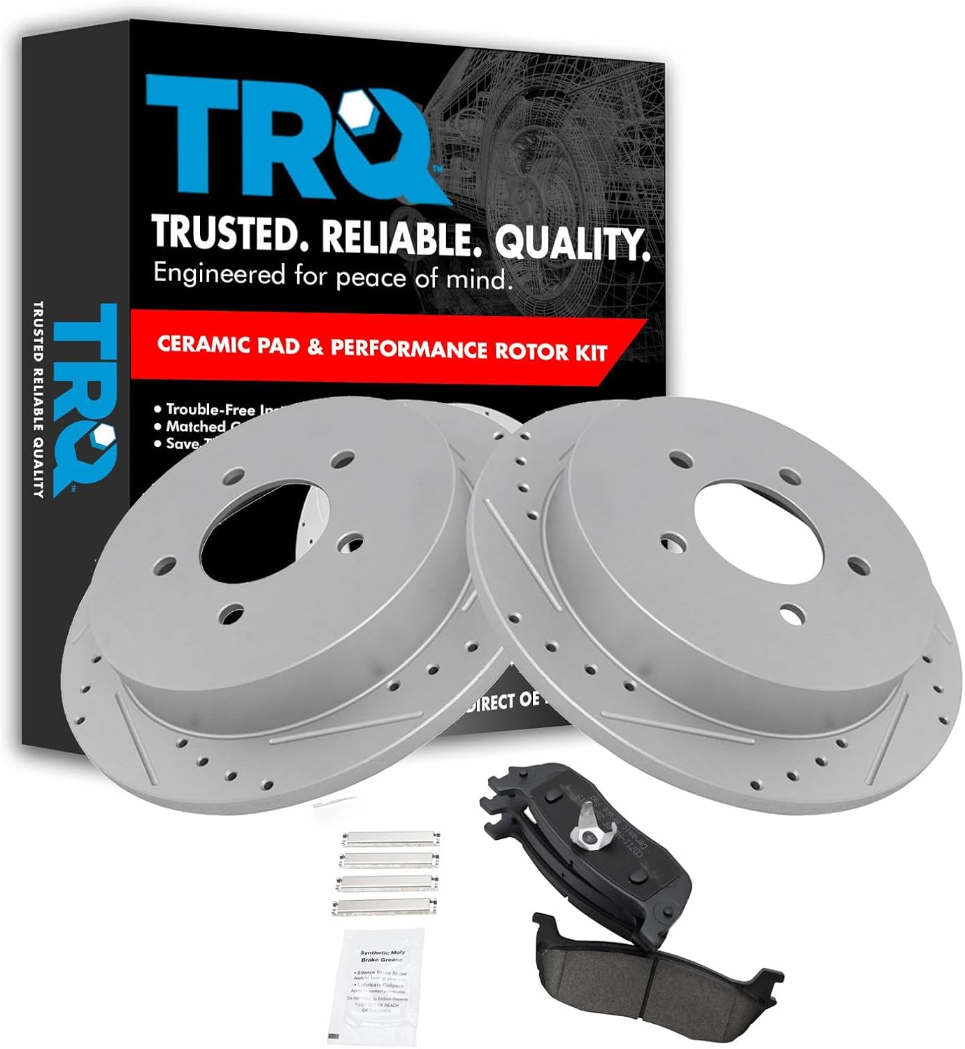 TRQ Rear Brake Pad and Rotor Set Ceramic Drilled Slotted Solid Rotors Compatible with 1997-2002 Ford Expedition 1999-2004 F-150 1998-2002 Lincoln Navigator 2002 Blackwood
