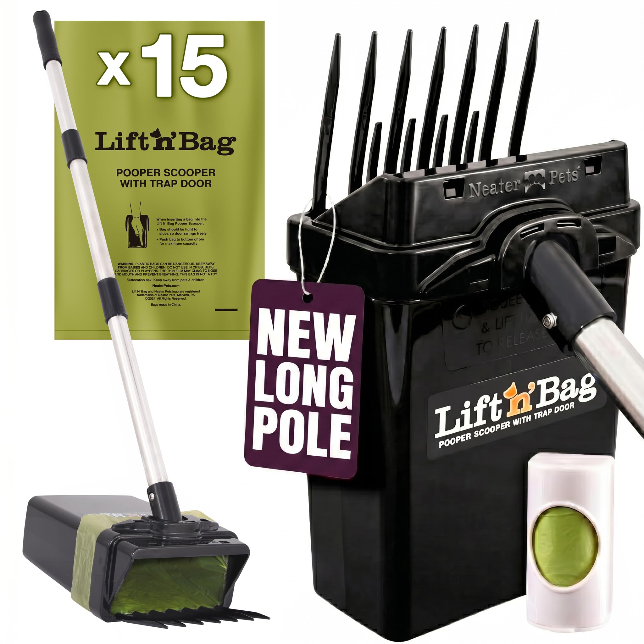 Neater Pet Brands Lift N' Bag 2.0 강아지 배변 스쿠퍼, 가방 부착 및 78.7cm(31인치) 폴, 소형견에서 대형견용, 새로운 긴 폴, 리필 백 15개, 마당용 튼튼한 강아지 배변 스쿠퍼, 한 손 사용