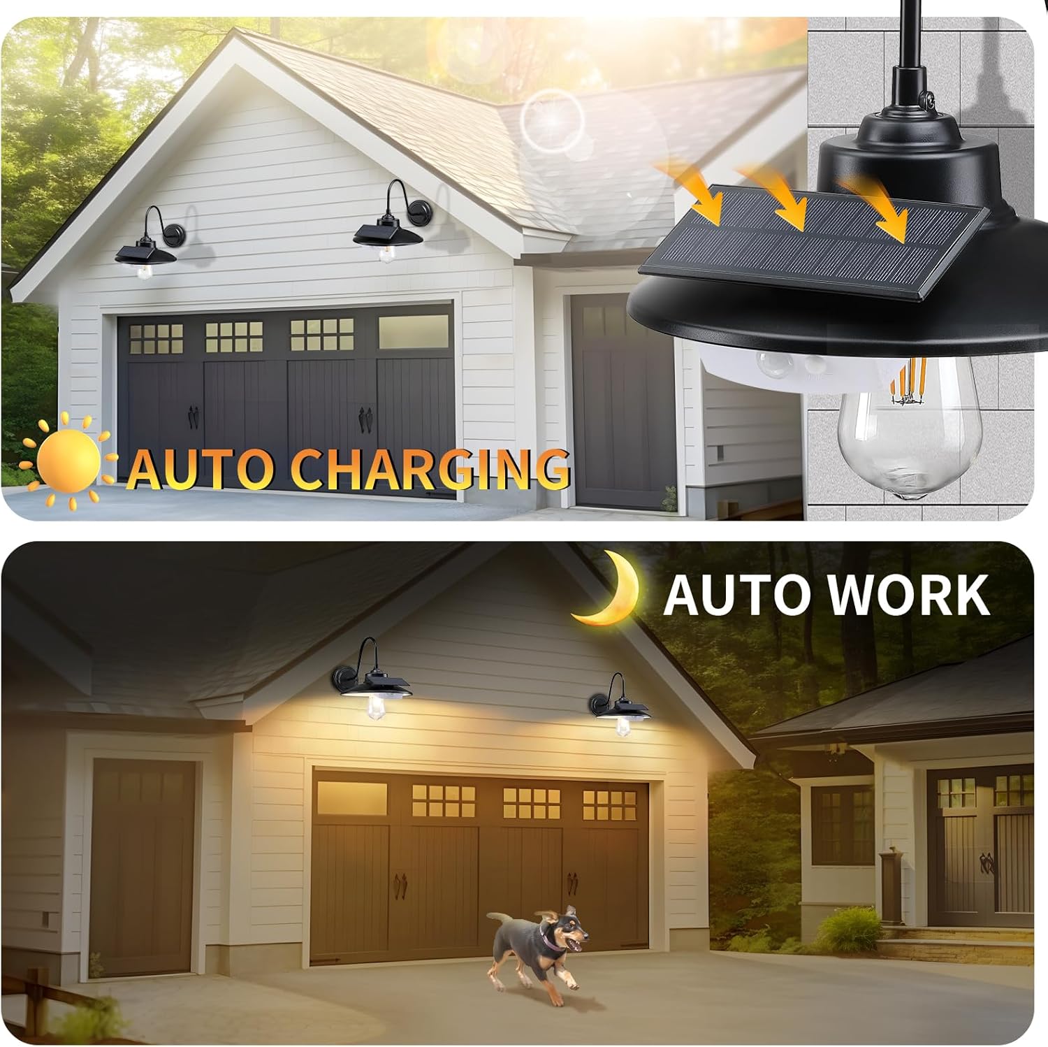 Solar Barn Lights Outdoor 2-Pack, Anti-Rust Farmhouse Solar Gooseneck Porch Lights Wall Mount, Waterproof Motion Sensor Black Outdoor Lighting for Barn Shed Garage Chicken Coop, Bulb Included