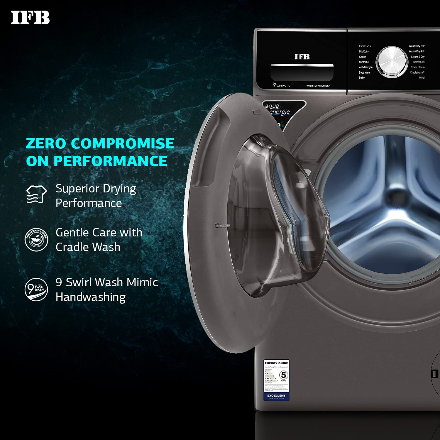 IFB Laundrimagic showing Superior Drying Performance, Gentle Care with Cradle Wash, and 9 Swirl Wash