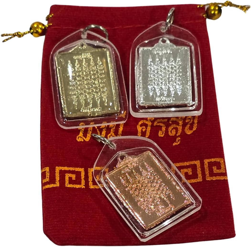 Yantra 5 Rows Thai Amulet Pendant Set of 3 Colors (Gold, Silver, Copper) – Sacred Rectangular Shape Buddhist Talisman for Protection, Luck & Wealth – Free Velvet Bag 2.25 x 3.50 inches.