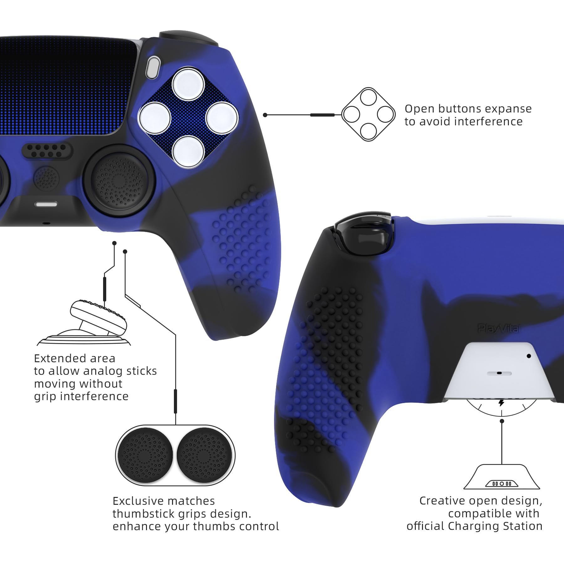 PlayVital 2 Cover Joystick per ps5 Controller-Compatibile con ps5 Base Ricarica, Custodia Silicone Antiscivolo&Copri Analogici&Adesivi Skin per Touchpad,3D Borchiate-Blu Nero