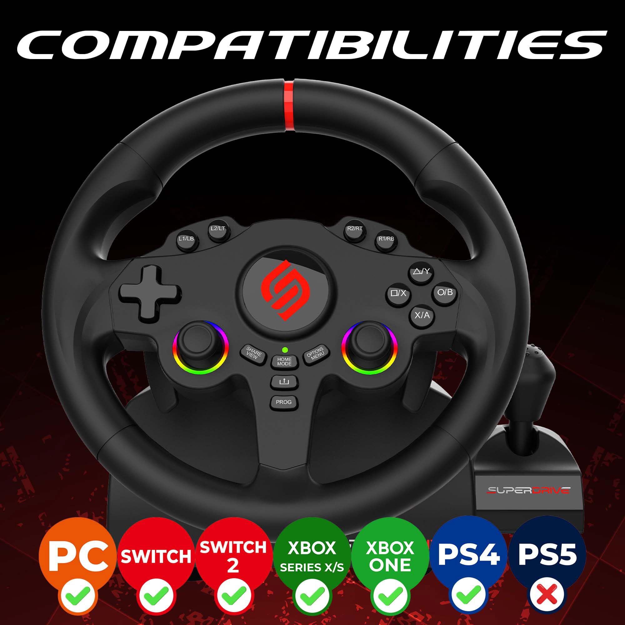 SUBSONIC – Superdrive 220 RS-X Lenkrad – Dual-Joystick-LED-Rennlenkrad mit Schalthebel, 180°-Drehung, Pedalen und Schaltwippen. Für Switch 2/Switch, PS4, PC und Xbox – Schwarz - 3