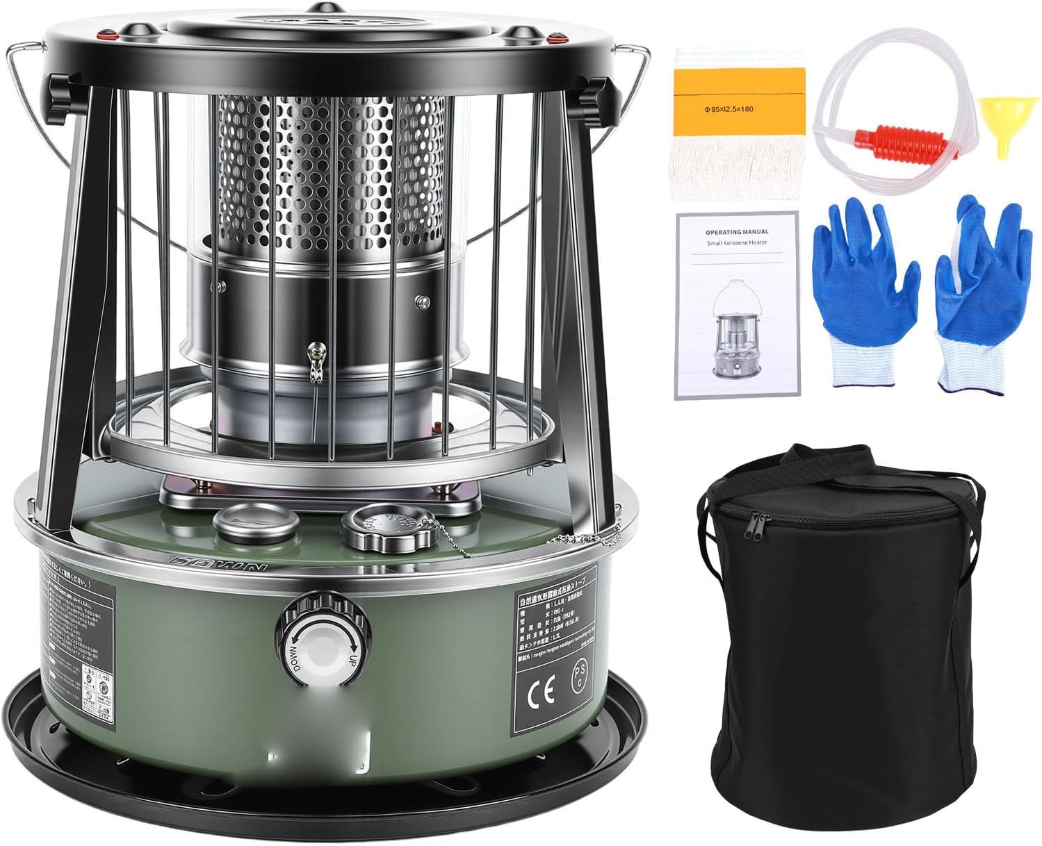 Cosiki Portable Kerosene Heater, Adjustable Height 5.2L Tank 20-25 Hours Heat for Indoor Outdoor Use, with Safety Net and Complete Accessory Set for Camping Garage Home Emergency