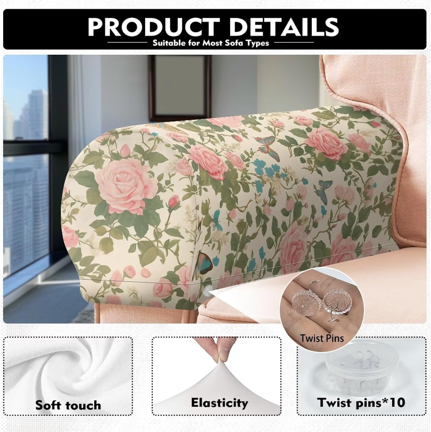 Stretch Armrest Covers Set of 2, Vintage Rose, Scratch Resistant Armrest Protector for Recliner, Super Soft Arm Protectors, Anti-wear Armchair Slipcovers, Loveseat Decorations