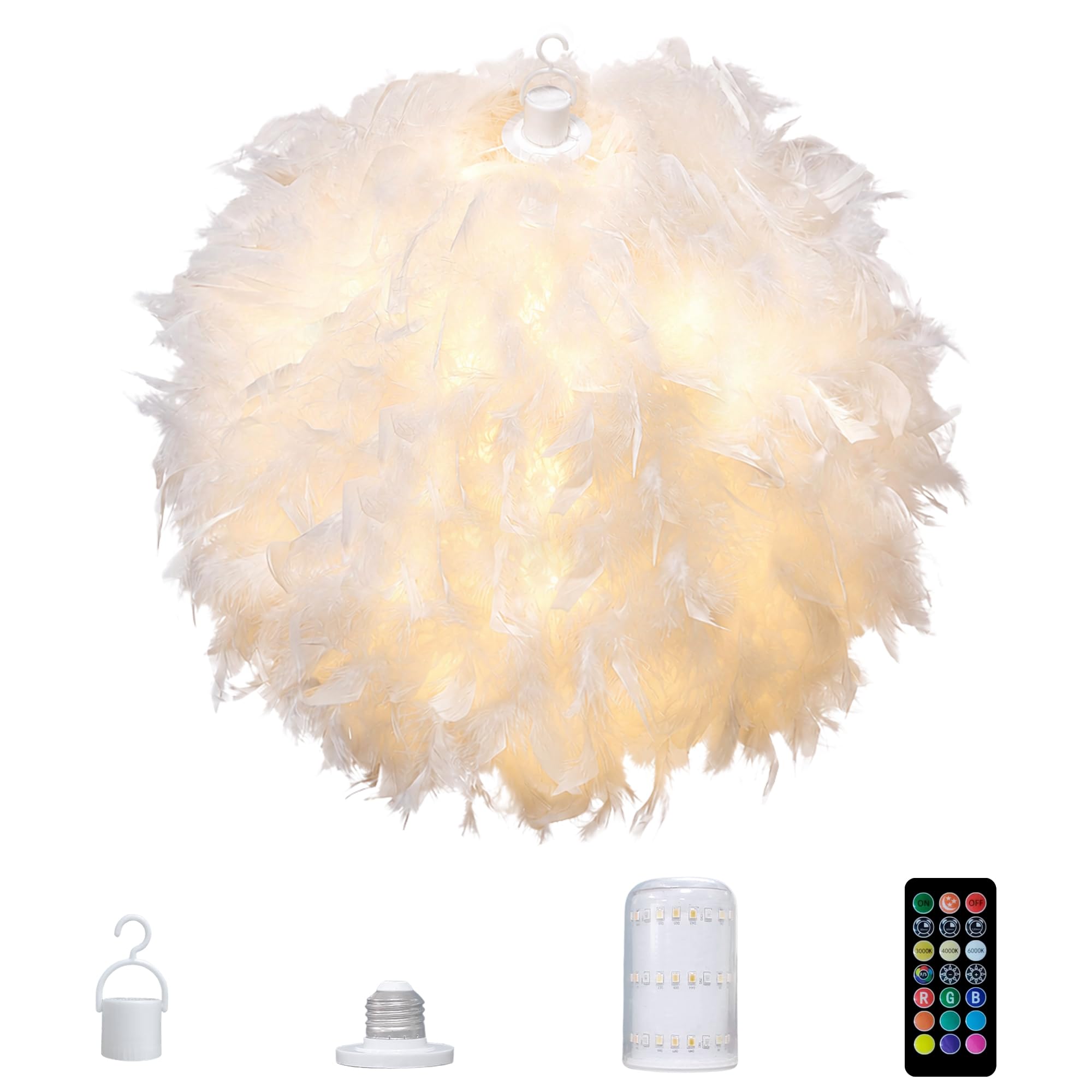 Star Vision Portable Rechargeable Lamp with Spherical Feather Lampshade, Modern Style, 40cm, White