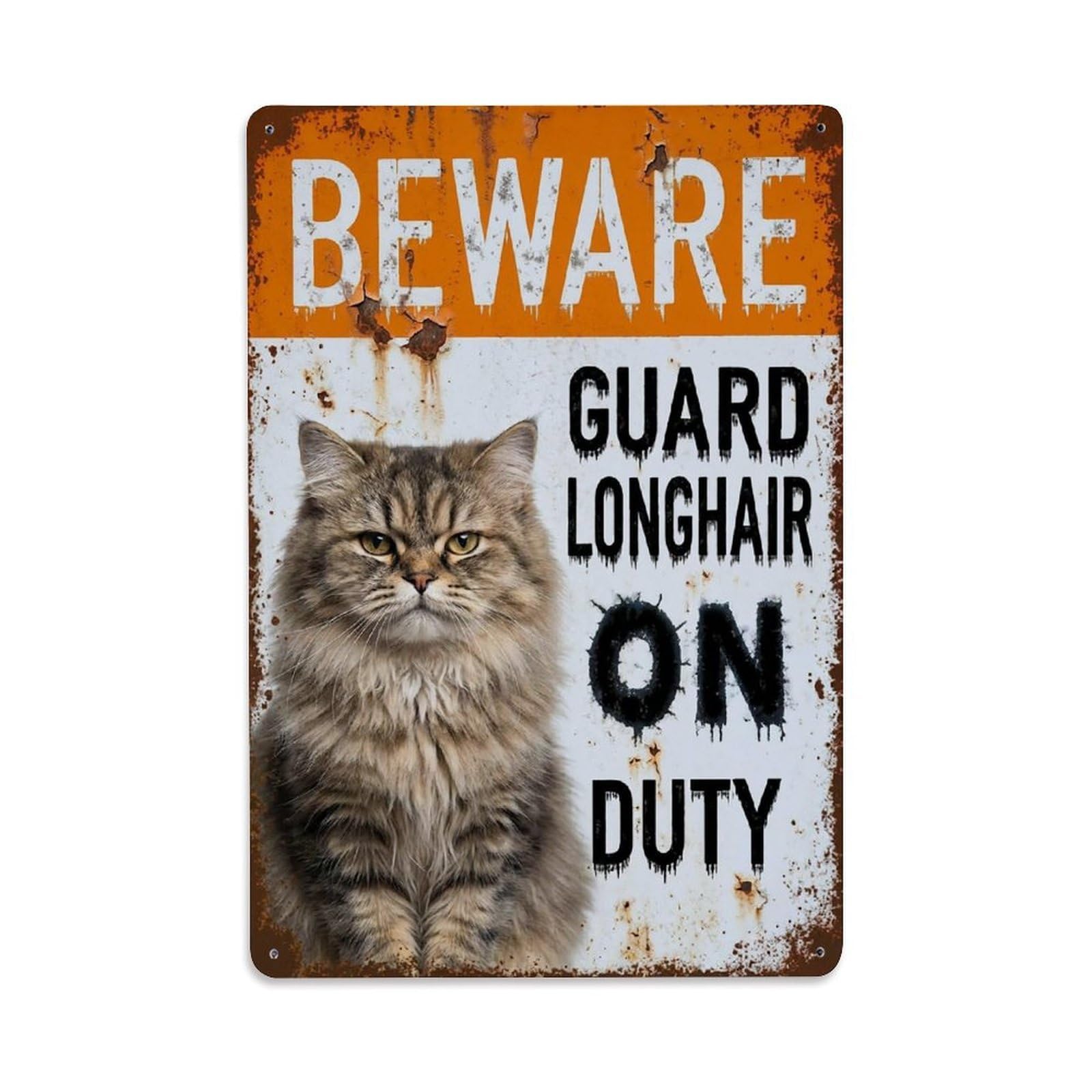 Vintage Funny Longhair Guard Beware of Cat Alcove Metal Tin Sign Plaque Wall Decor for Cafe, Club Bar, Office, Garden Metal Poster 8x12Inch