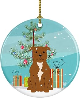 Caroline's Treasures Merry Christmas Tree Staffordshire Bull Terrier Brown Ceramic Ornament Christmas Tree Hanging Decorations for Home Christmas Holiday, Party, Gift, 3 in, Multicolor